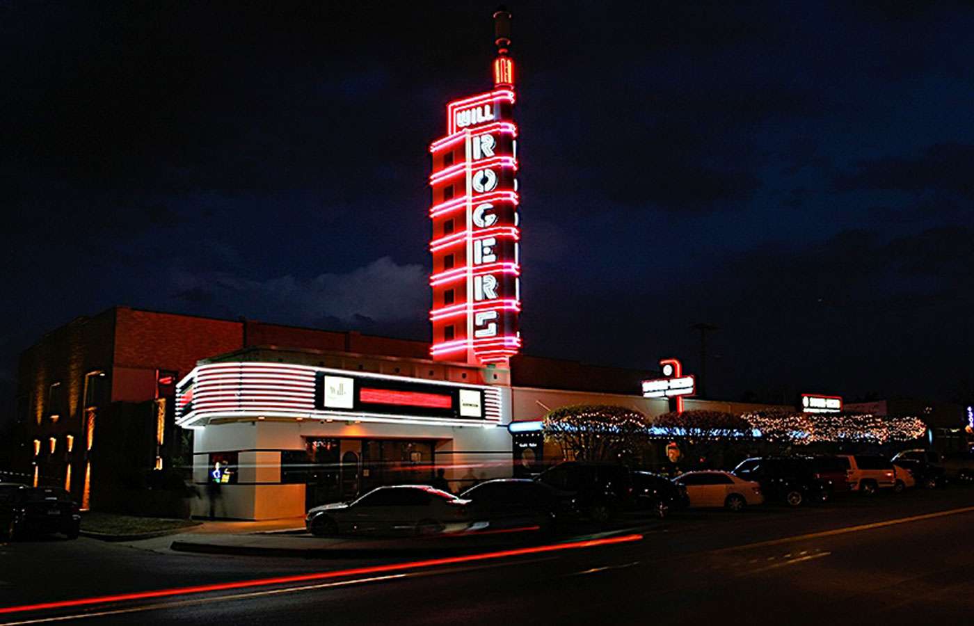 Will Rogers Theatre and Sushi Neko at night on Western Avenue, Oklahoma City, Oklahoma